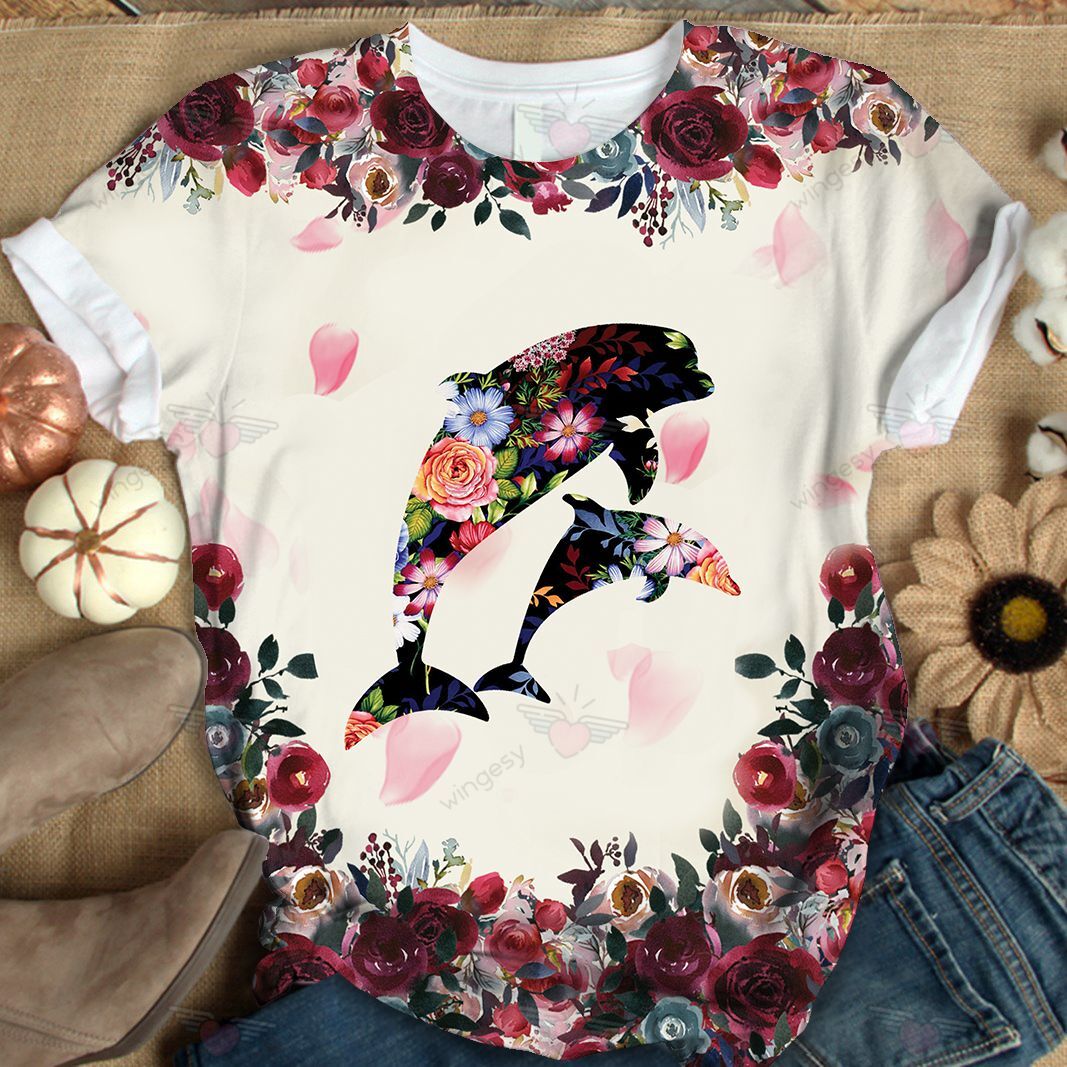 AquaticAnimal Dolphins & Flowers Tshirt A12008093T