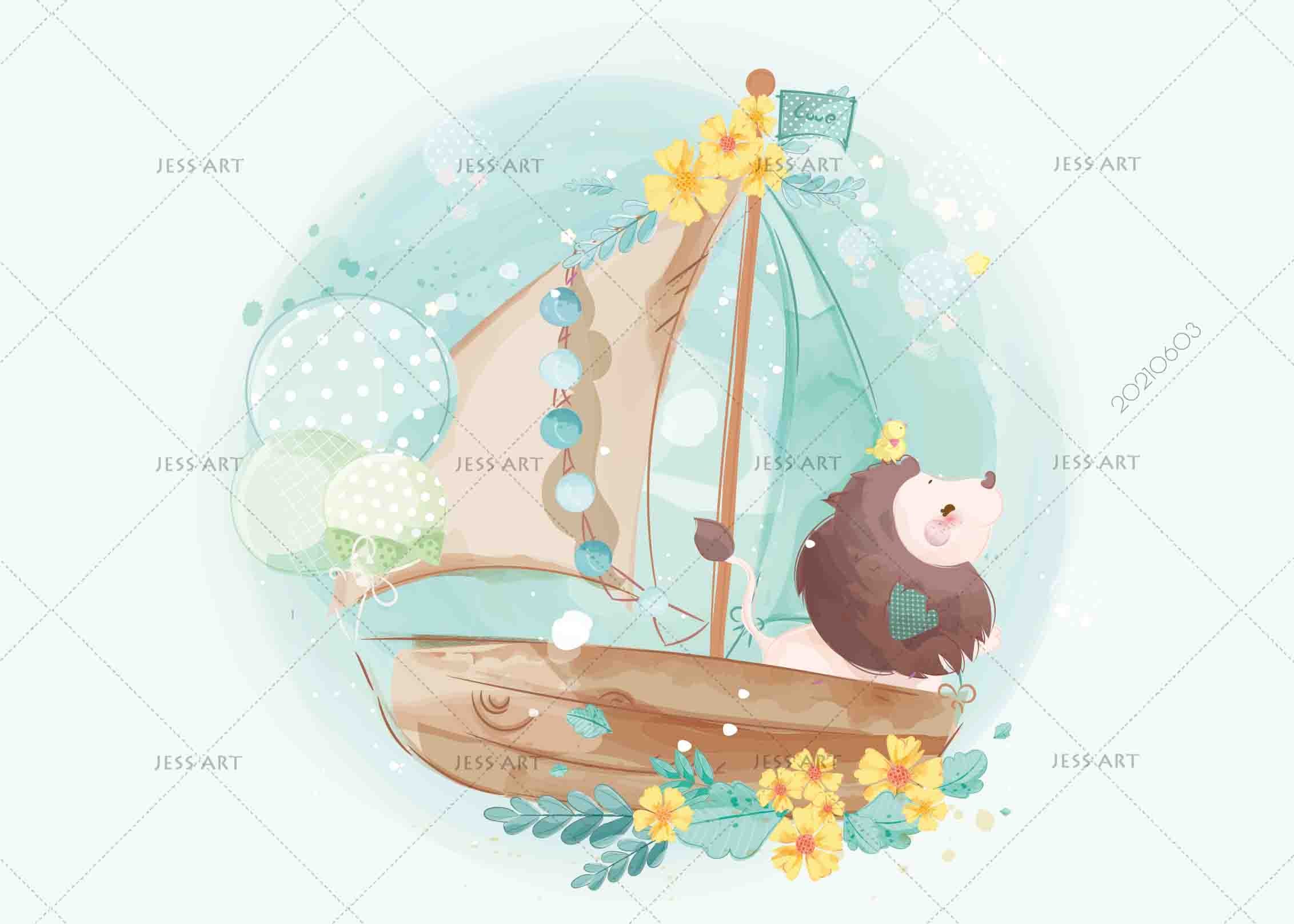 3D Cute Cartoon Animal Boat Flowers Wall Mural Wallpaper Sww579