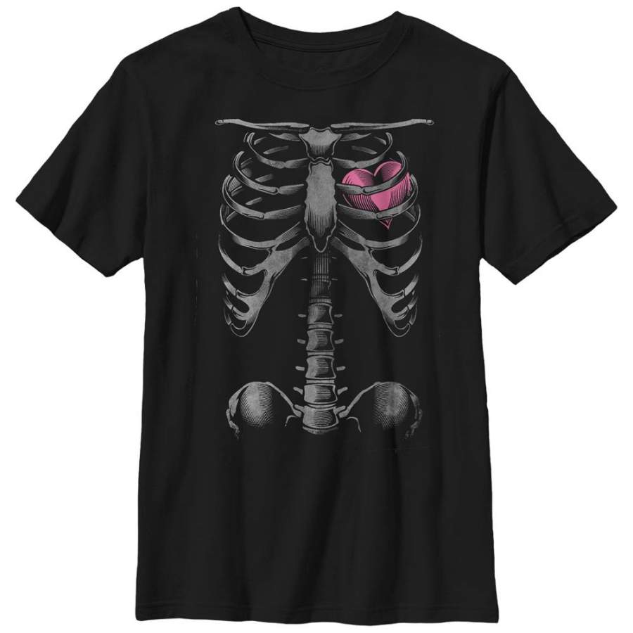 Lost Gods Boy’s Halloween Skeleton Rib Cage Heart  T Shirt Black