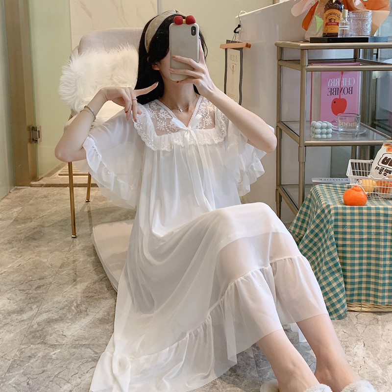 Sweet Lace Cotton Nightgowns Women Short Sleeve V Neck Summer Sleepwear Dress Loose Large Size Palace Princess Nightshirt alx