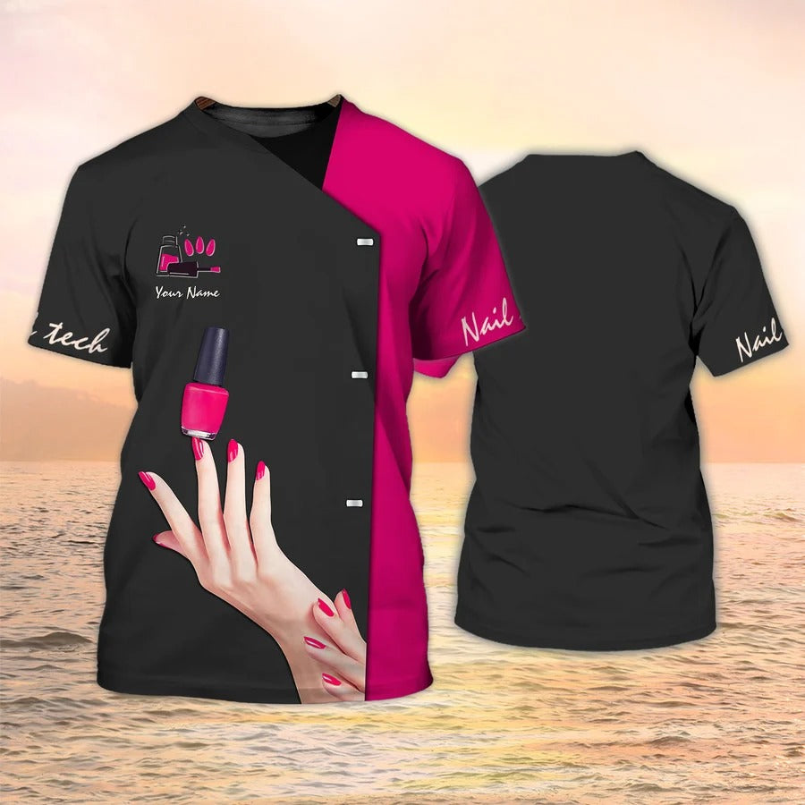 Custom 3D All Over Print Nail Tech Shirt Women, Manicurist Gift Black Pink, Nail Gift For Her, Nail Shop Uniform