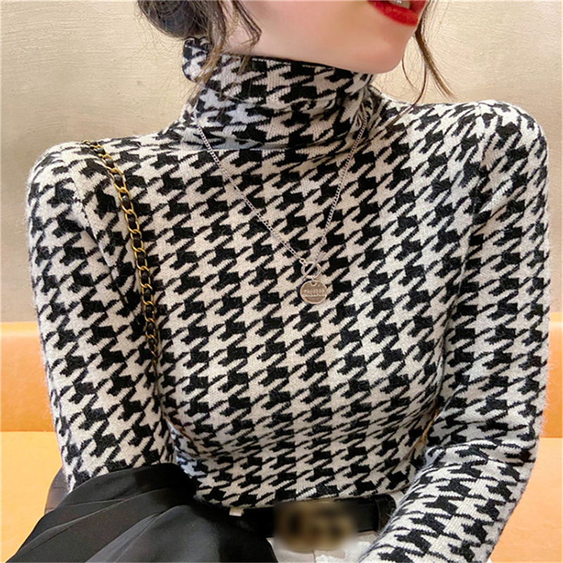 2022 New Autumn Winter Houndstooth Tight Turtleneck Sweater Plaid Knitted Sweater Women Luxury Chic Slim Pullover High Quality alx