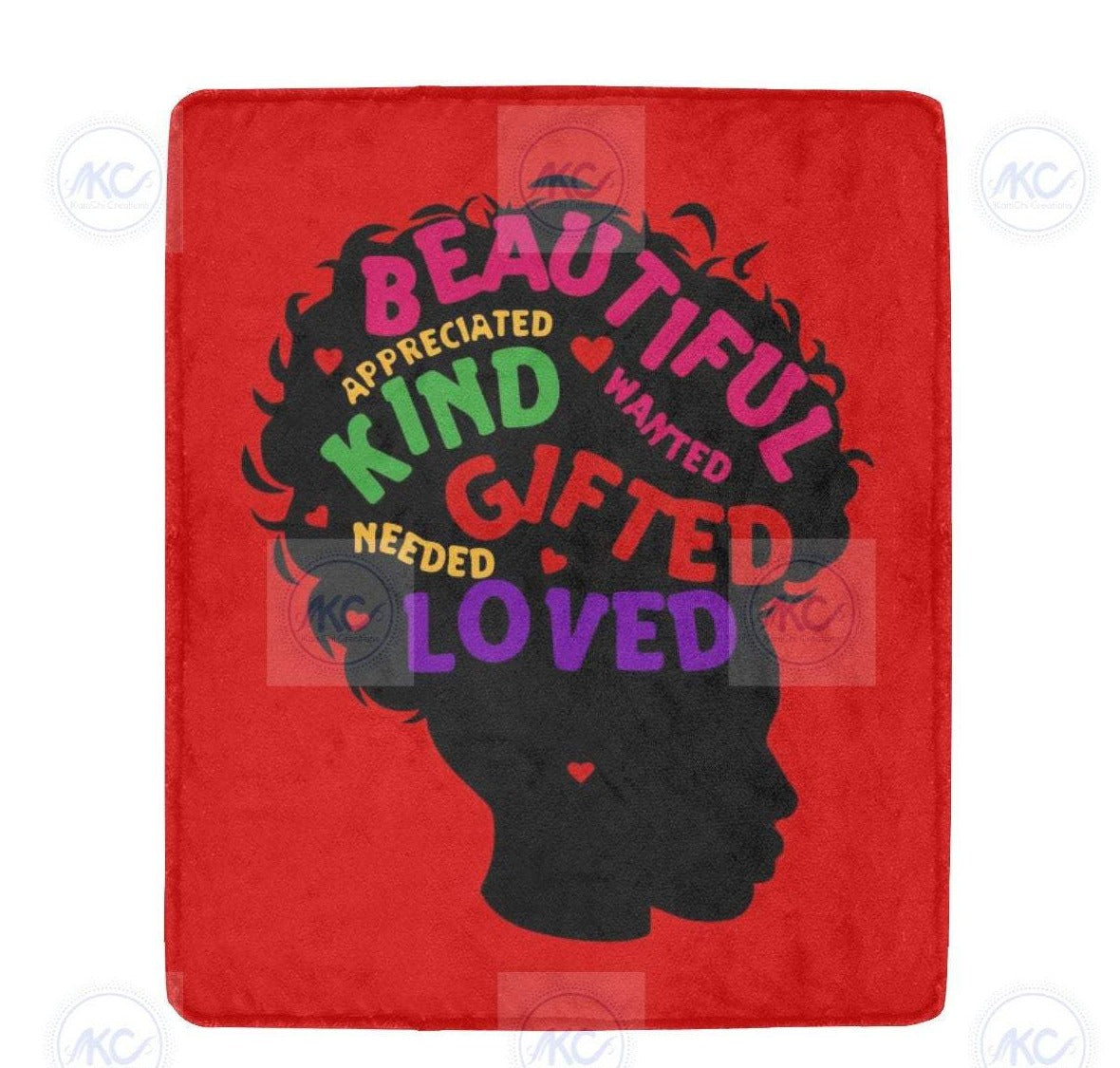 Cuddle Blanket Throw 50 X 60 Inch Black Girl Affirmation Beautiful Blessed Loved Red Hearts