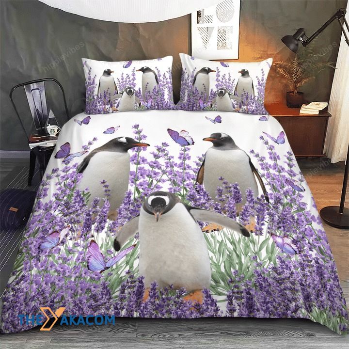 Penguin And Lavender Garden Set Comforter Duvet Cover With Two Pillowcase Bedding Set