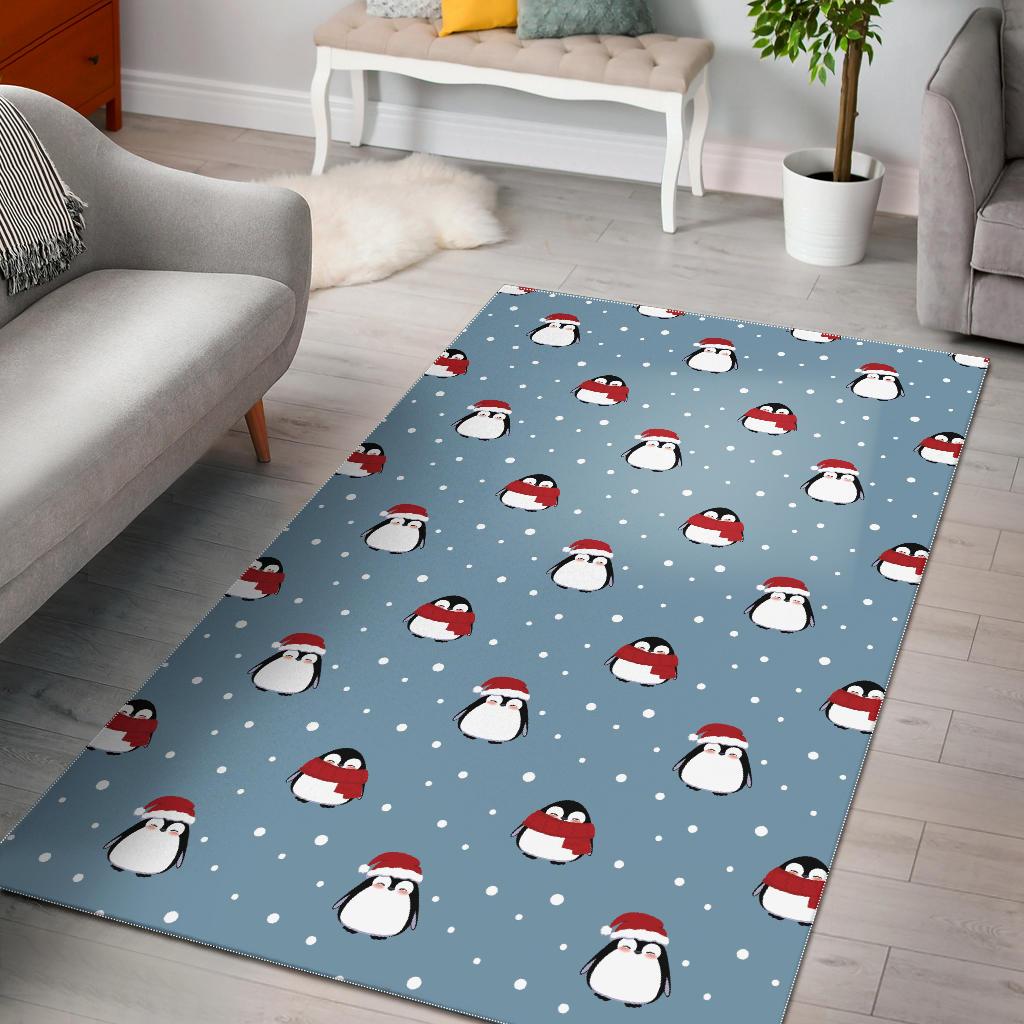 Cute Penguin Christmas Snow Pattern Area Rug