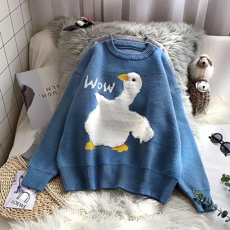 Casual O Neck Knitted Sweater Female Warm Lady Cartoon Duck Letter Sweater Autumn Winter Long Sleeve Pullover Jumper 2020 alx