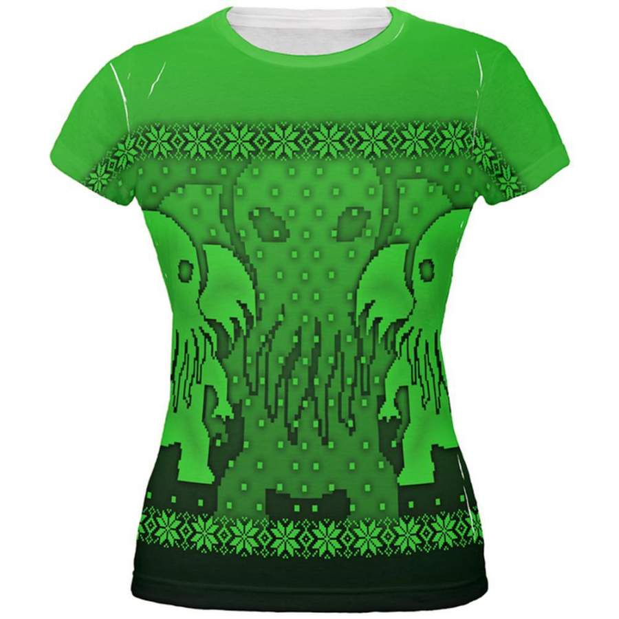 Ugly Christmas Sweater Big Cthulhu Greater Gods All Over Juniors T Shirt