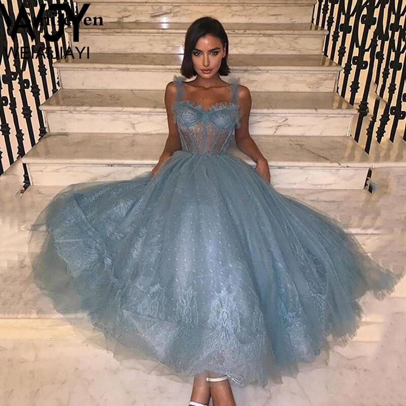 Sweet Cute Grey Ankle Length Short Balll Gown Prom Dresses 2020 Spaghetti Straps Lace Corset Bodice Sexy Cheap Party Dress Gown alx