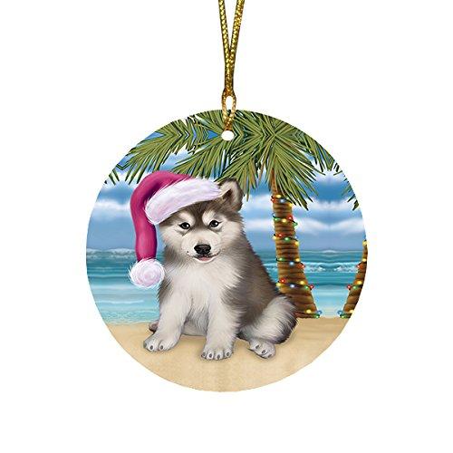 Summertime Christmas Happy Holidays Alaskan Malamute Puppy On Beach Round Flat Ornament Por1233