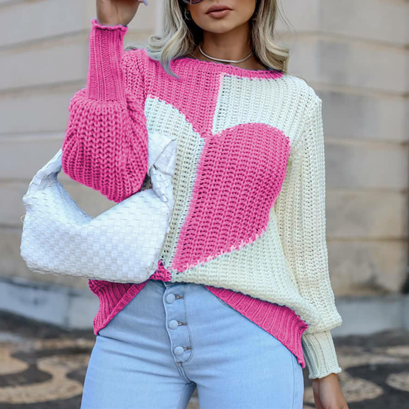 Women Fashion Round Neck Lantern Sleeve Loose Sweater Cute Heart Printing Patchwork Tops Lady Pullover Spliced Autumn Streetwear alx