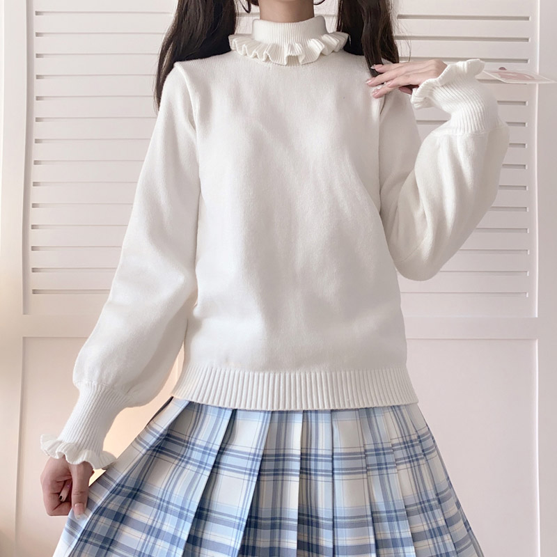 Turtle Neck Long Sleeve Sweater Women 2021 Autumn Winter Ruffle Solid Soft Girl Basic Knitwear Tops Lolita All-Match Pullovers alx