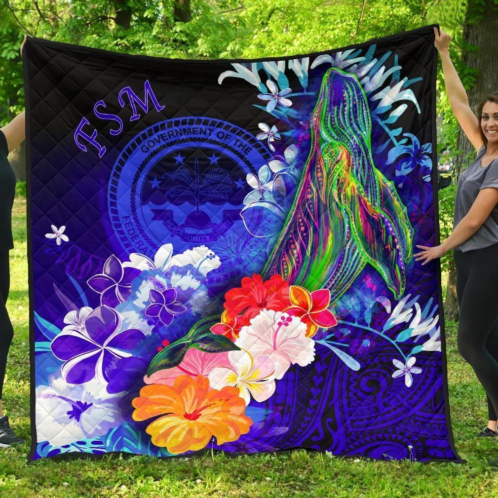 Federated States of Micronesia Premium Quilts – Humpback Whale with Tropical Flowers (Blue)- BN18