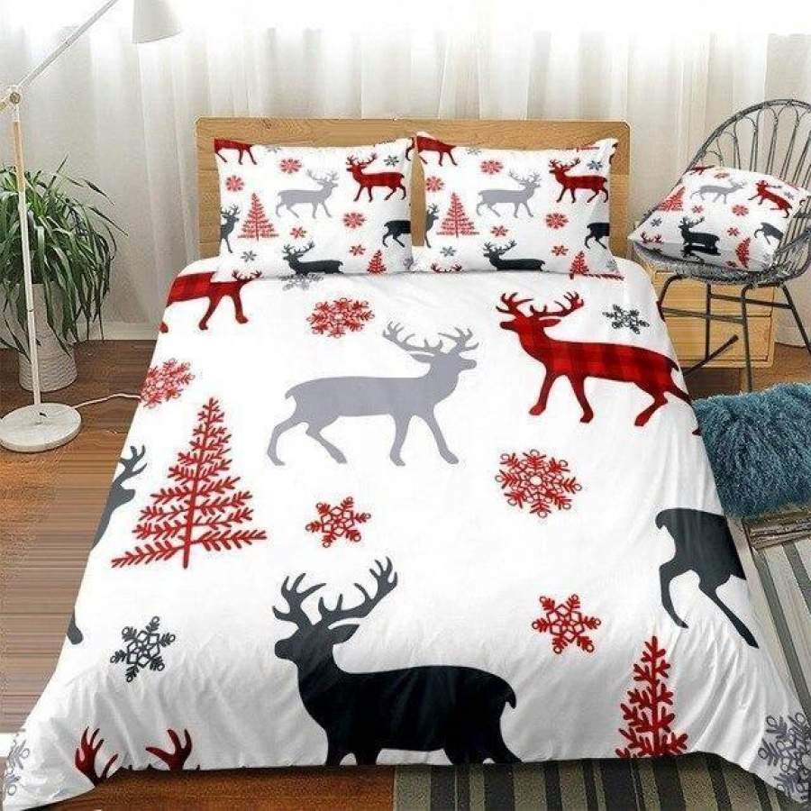 Christmas Deer Tree And Snowflakes 3 Pieces Quilted Comforter Set Christmas Gift Ideas