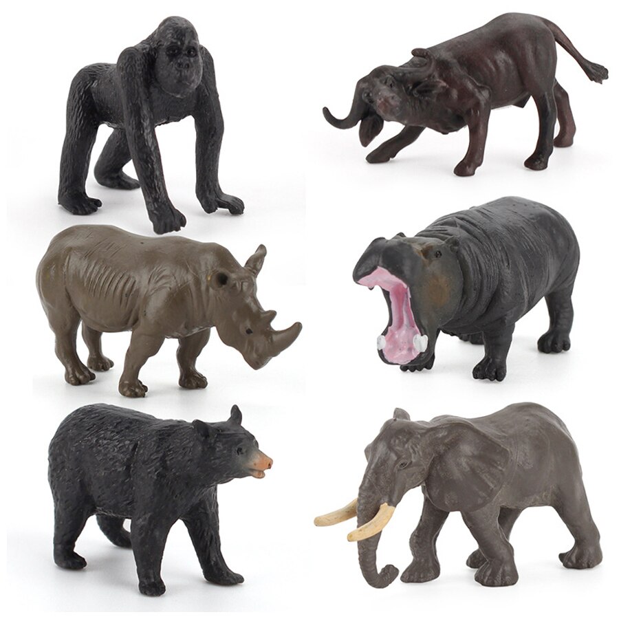 6PCS Mini Forest Jungle Animal Figures Elephant Hippo Rhinoceros Buffalo Black Bear Gorilla Animals Model Educational Toys Gifts alx