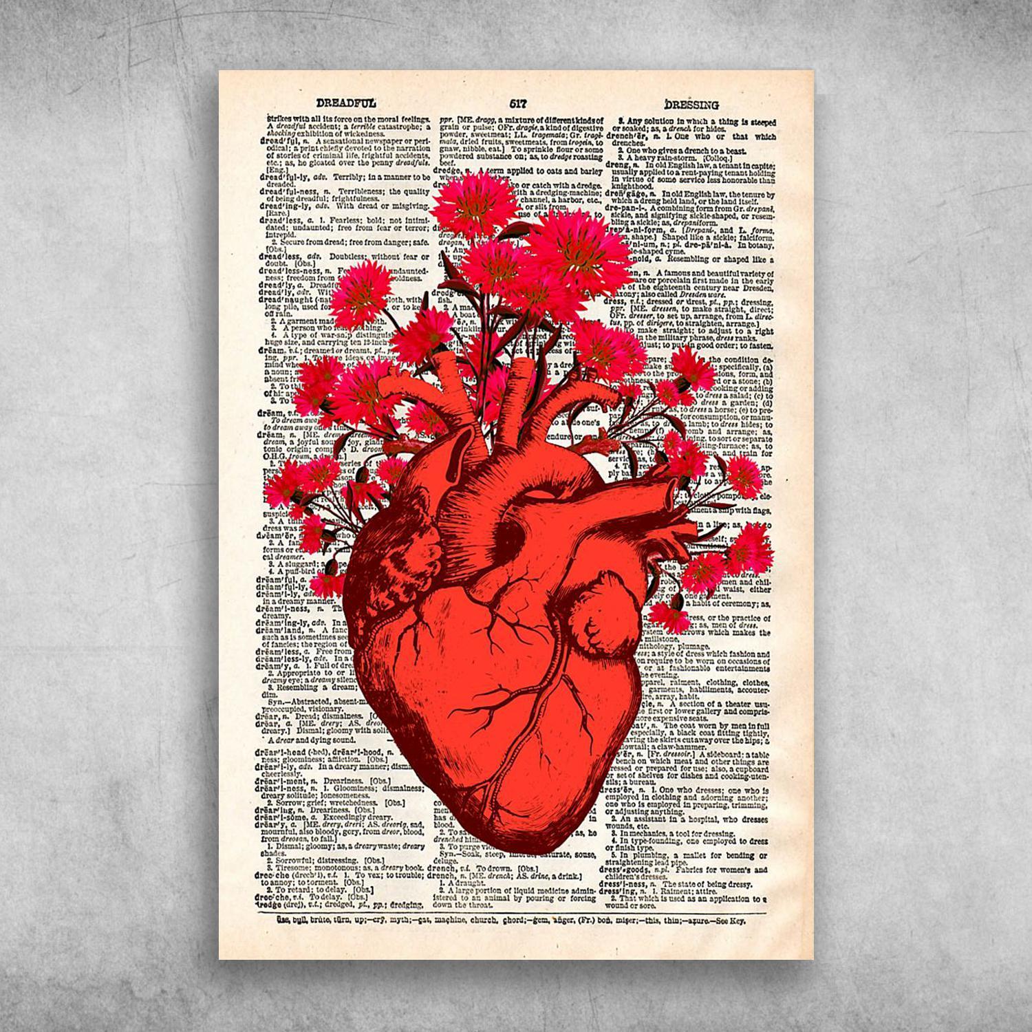 Proud Cardiologist Anatomy Of Human Heart Red Flower Heart Poster Print Wall Art Canvas Wall Decor