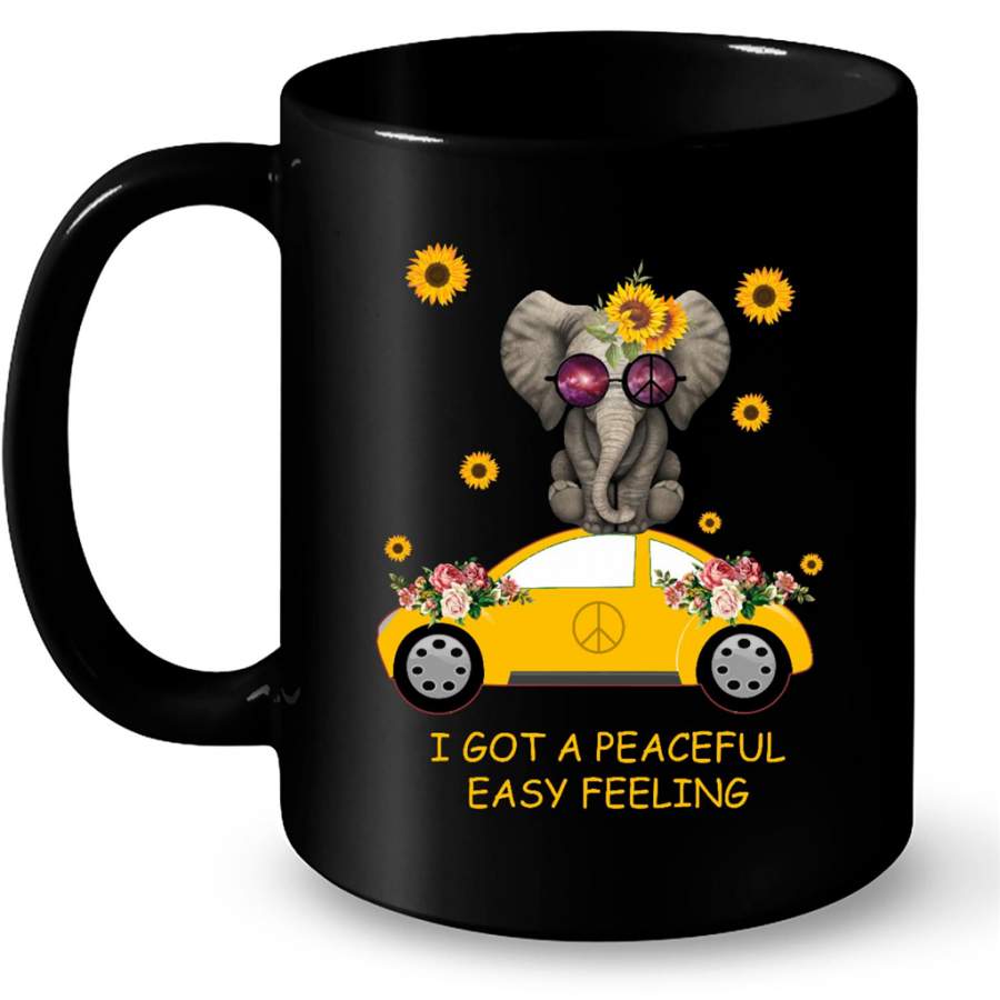 I Got A Peaceful Easy Feeling, Elephant Sunflower Floral Car, Peace Sign – Full-Wrap Coffee Black Mug