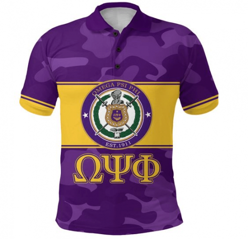 Omega Psi Phi 1911 Crest Hand Sign Royal Purple Camo Personalized Polo Shirt For Men