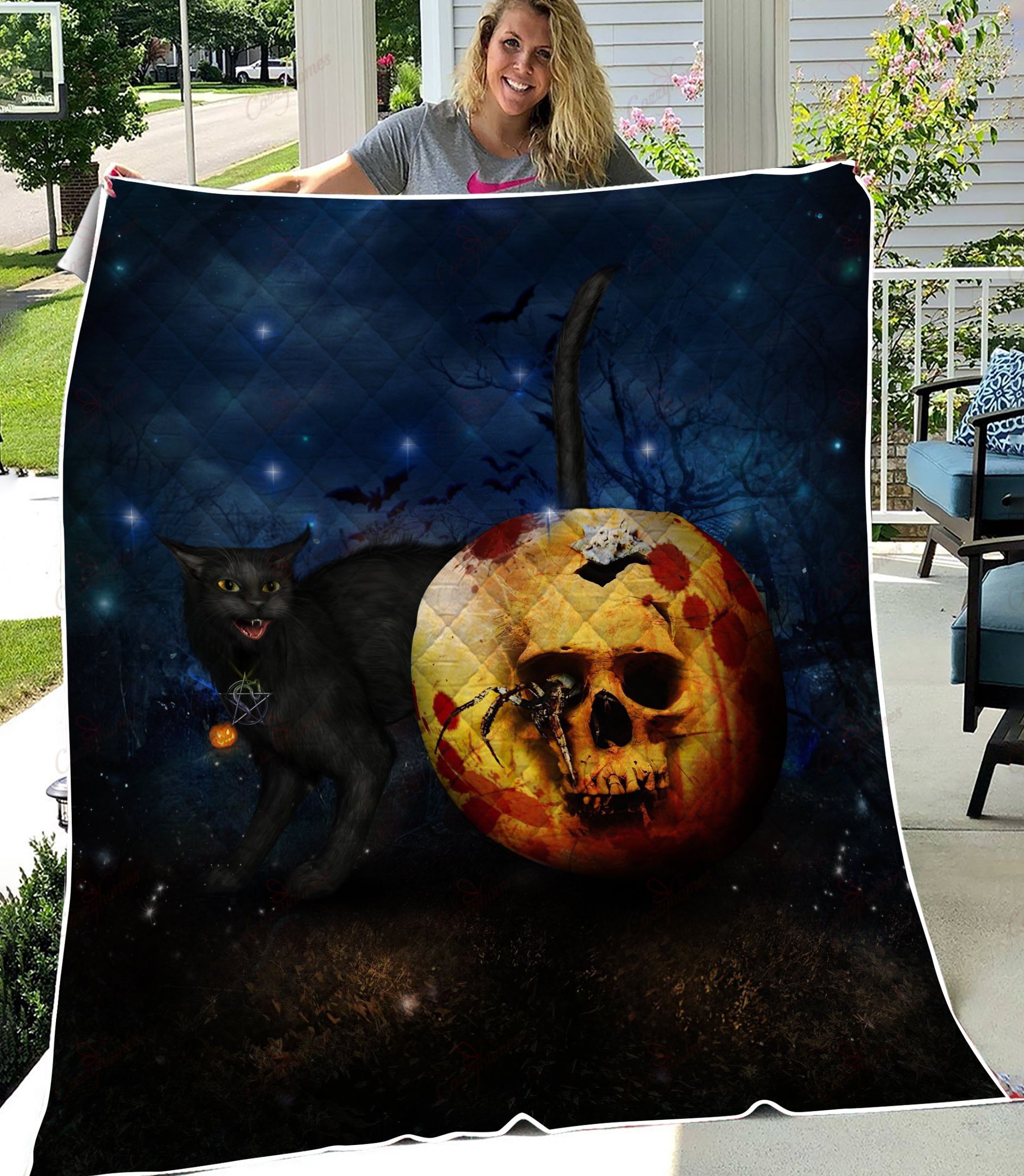 Halloween Skull Black Cat XL0204116CL Quilt Blanket