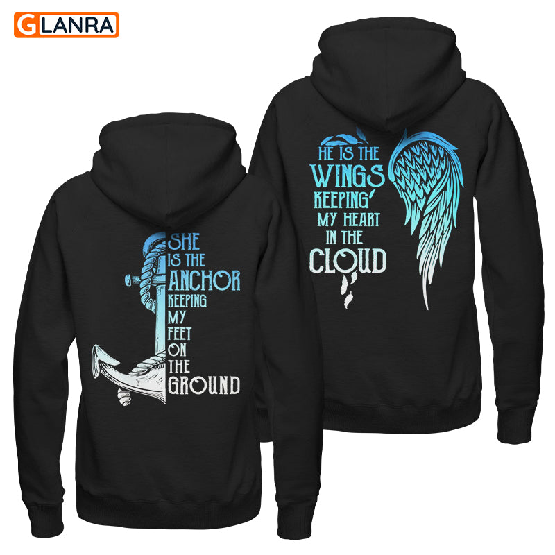 She Is The Anchor He Is The Wings Hoodies, Couple Hoodie, Couple Wings Hoodie, Anchor Hoodie, Unisex, Sweater, Sweatshirt