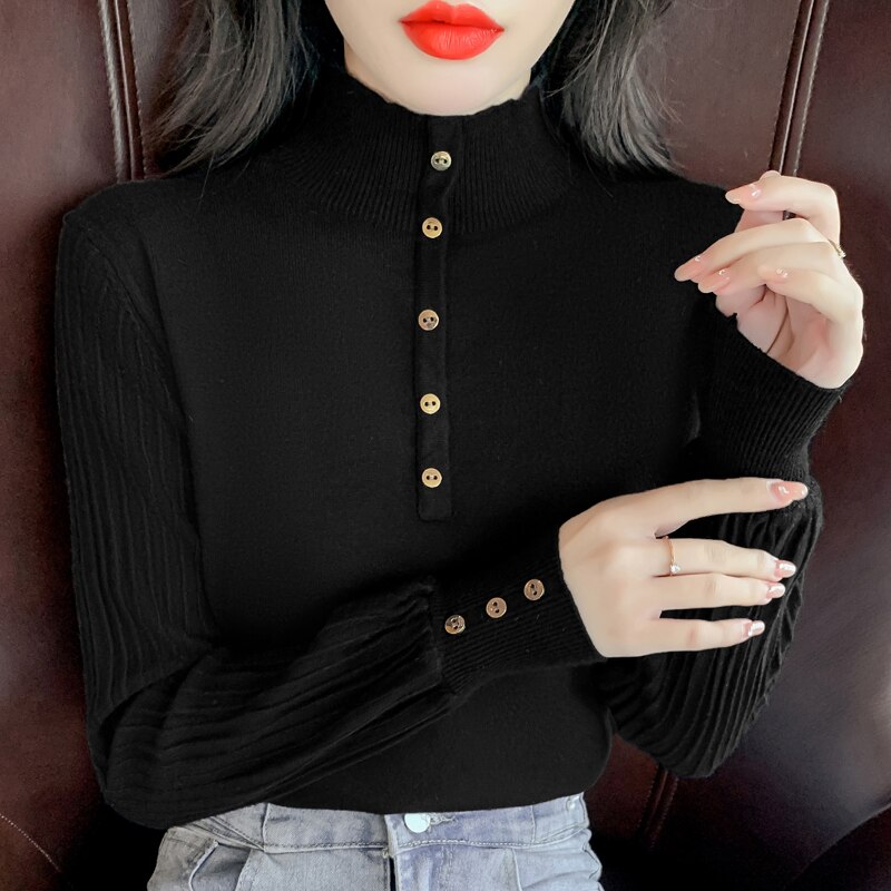 Sweater Women 2021 Autumn and Winter New Half High Neck Long-sleeved Pullover Solid Color Bottoming Shirt Knitting Top Femme alx