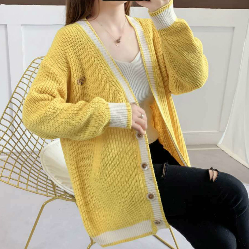 2022 Autumn Long Sleeves Women Cardigan Sweater Embroidery Cute Bear Knitted Tops Girls Korean Style Chic Loose Yellow Outwear alx