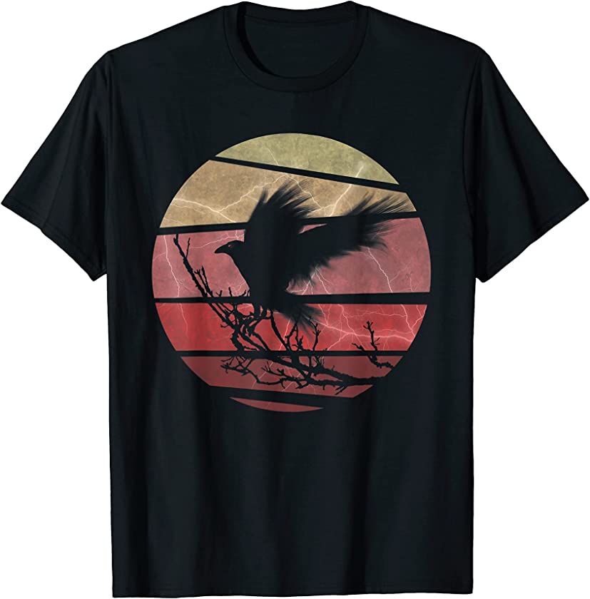 Vintage Retro Style Tee Red Moon Raven Graphic Black Crow T-Shirt