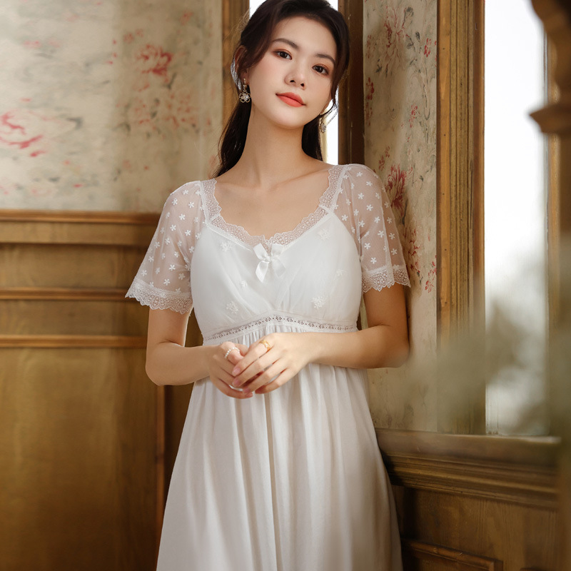 Women Cotton Long Nightdress Fairy Sexy Lace Short Sleeve Night Dresses Vintage Peignoir Victorian Nightgowns Princess Sleepwear alx