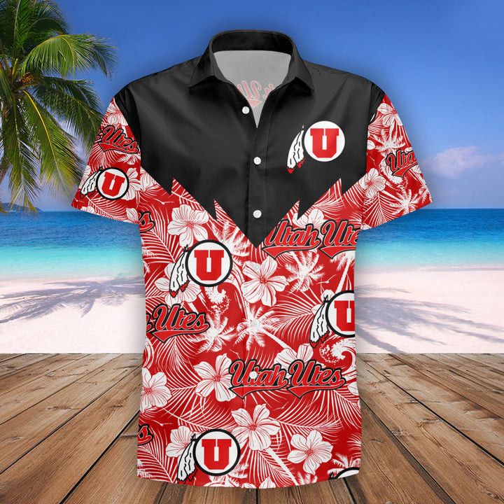 NCCA Utah Utes Flower Tropical Red Black Hawaiian Shirt