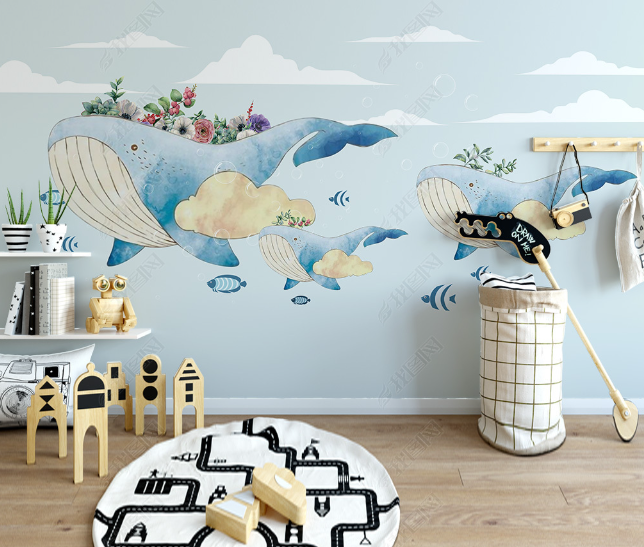 3D Watercolor Sky Cloud Whale Wall Mural Wallpaper Lqh 35