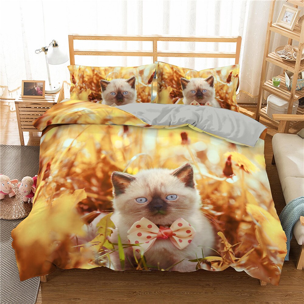 3D Cat Printed Duvet Cover Set Full Size Bedding Set Cute Pet Puppy