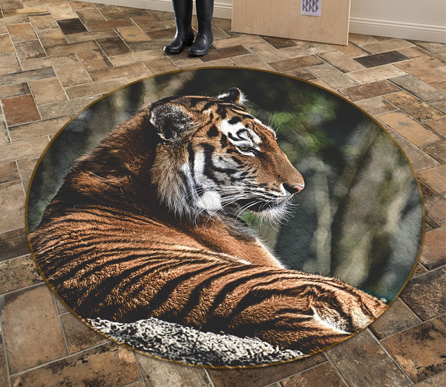 Tiger Rest Lying On Rock Printed Round Rug – Round Carpet Home Decor