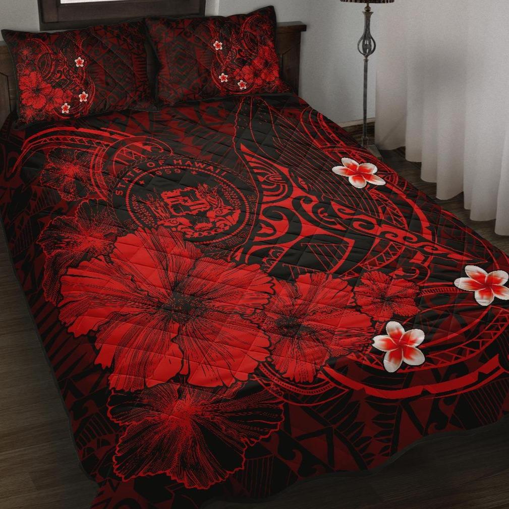 Polynesian Hawaii Quilt Bed Set – Humpback Whale with Hibiscus (Red) – BN15