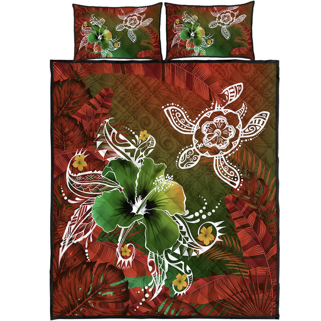 Hawaii Turtle Flowers And Palms Retro Quilt Bed Set – Orange – AH J8