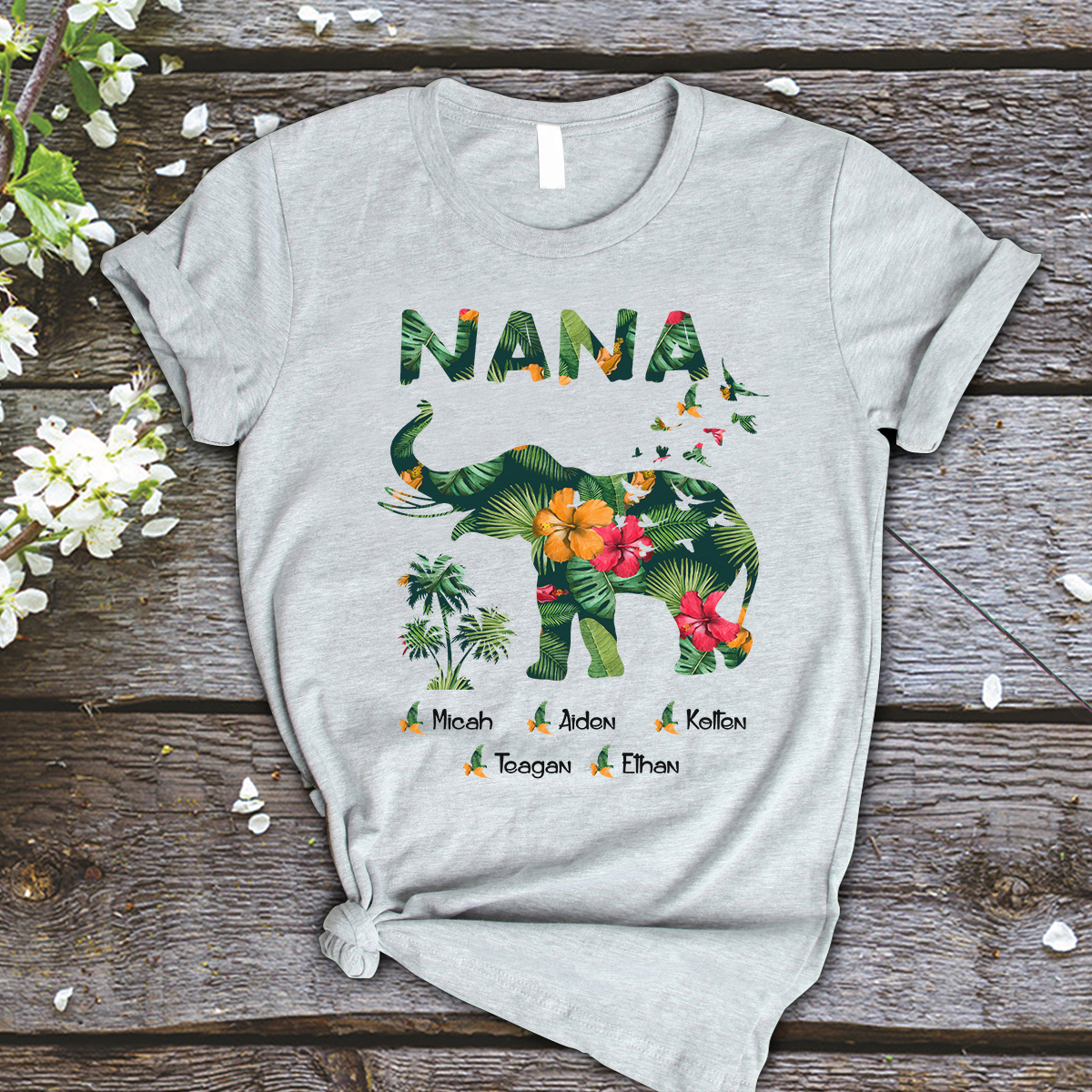 Nana Elephant, Custom Nana T-shirt, Elephant Lovers Gift for Mama Mother Grandma, Personalized with grandkids names Shirt