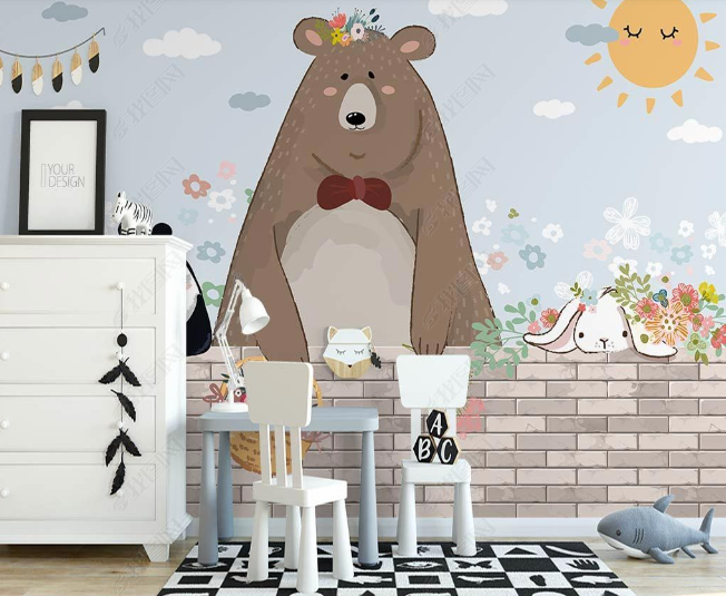 3D Northern Europe Hand-Painted Bear Rabbit Floral Wall Mural Wallpaper Sww2666