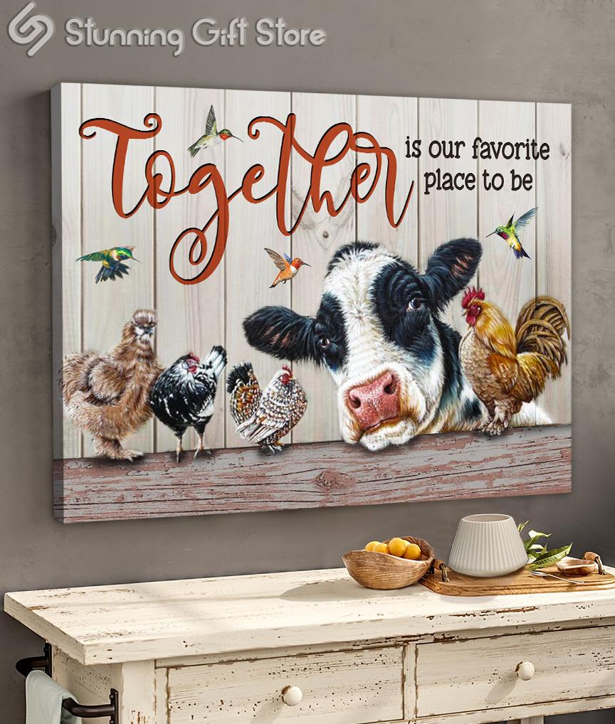 Stunning Gift Farm Animal Canvas Cow And Chicken Farmhouse Wall Art – Together Is Our Favorite Place