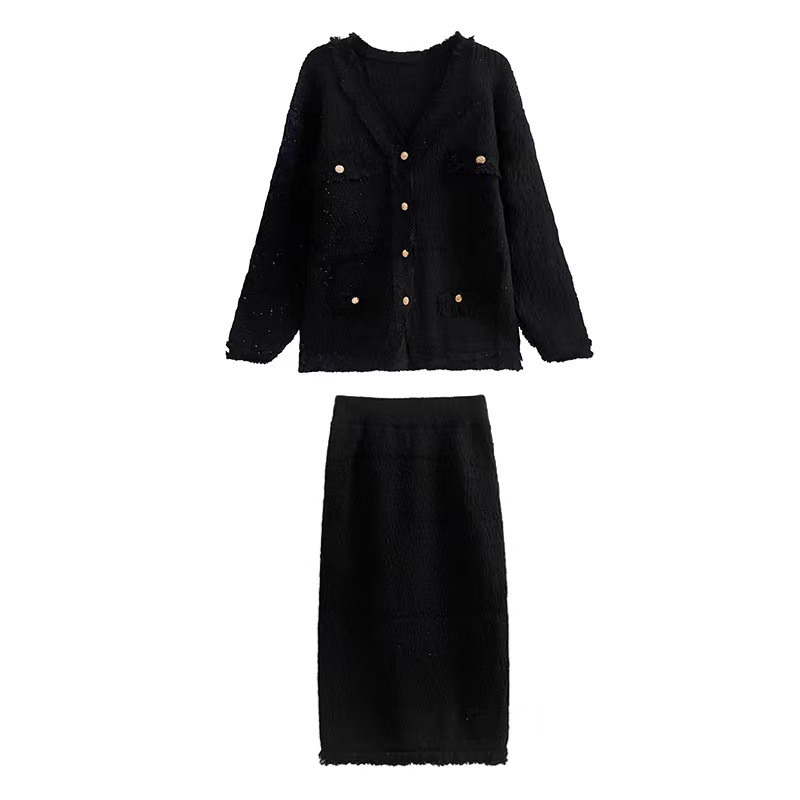 Black Knitted Cardigan and Skirt Two Piece Sets Autumn Winter Women Streetwear Chic Loose V-neck Tassel Coat Jacket Outfit 68609 alx