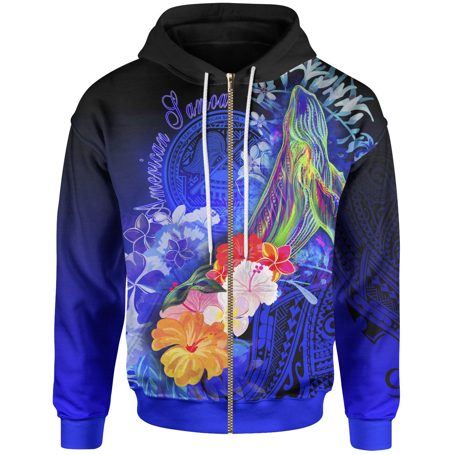 American Samoa Polynesian Zip-Up Hoodie – Humpback Whale with Tropical Flowers (Blue)- Pacific Print Hoodie