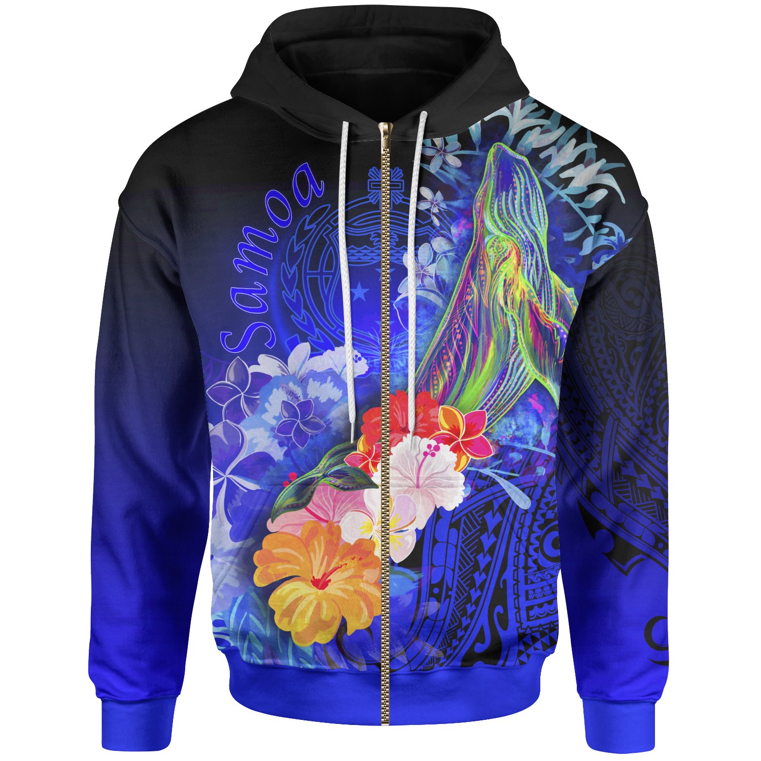 Samoa Zip-Up Hoodie – Humpback Whale with Tropical Flowers (Blue)- BN18