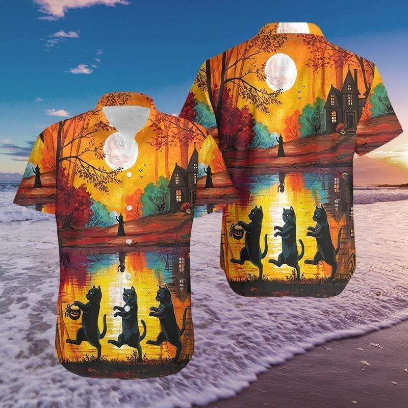 Hawaii Aloha Shirts Halloween Walking Cat Ha80715