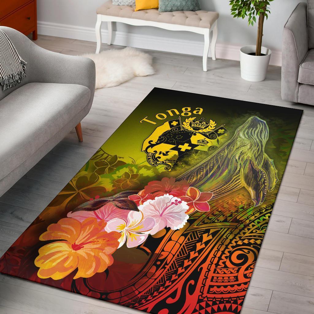 Tonga Area Rug – Humpback Whale with Tropical Flowers (Yellow)- BN18