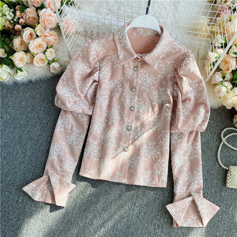 2021 Spring Sweet Korean Chic Elegant Two Piece Set Women Puff Sleeve Jacquard Blouse Shirt + High Waist Bodycon Skirt Set Suits alx