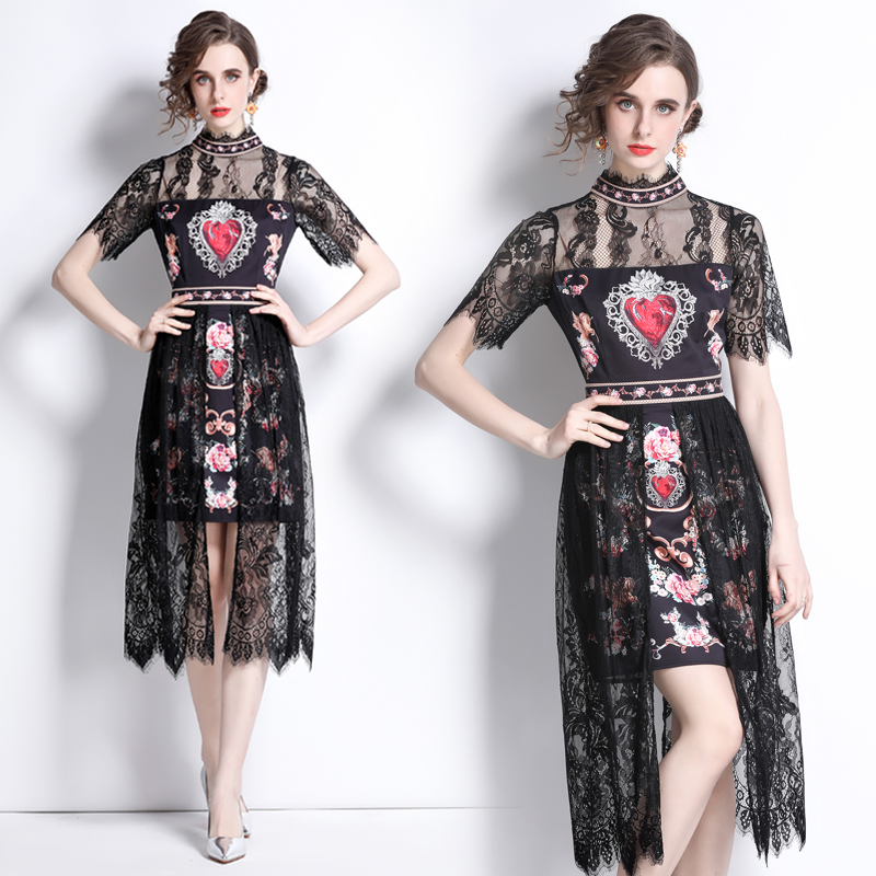 2022 Summer Runway Midi Dress Women’s Stand Collar Sexy See Through Black Lace Patchwork Red Heart Print Party Vestidos N62115 alx