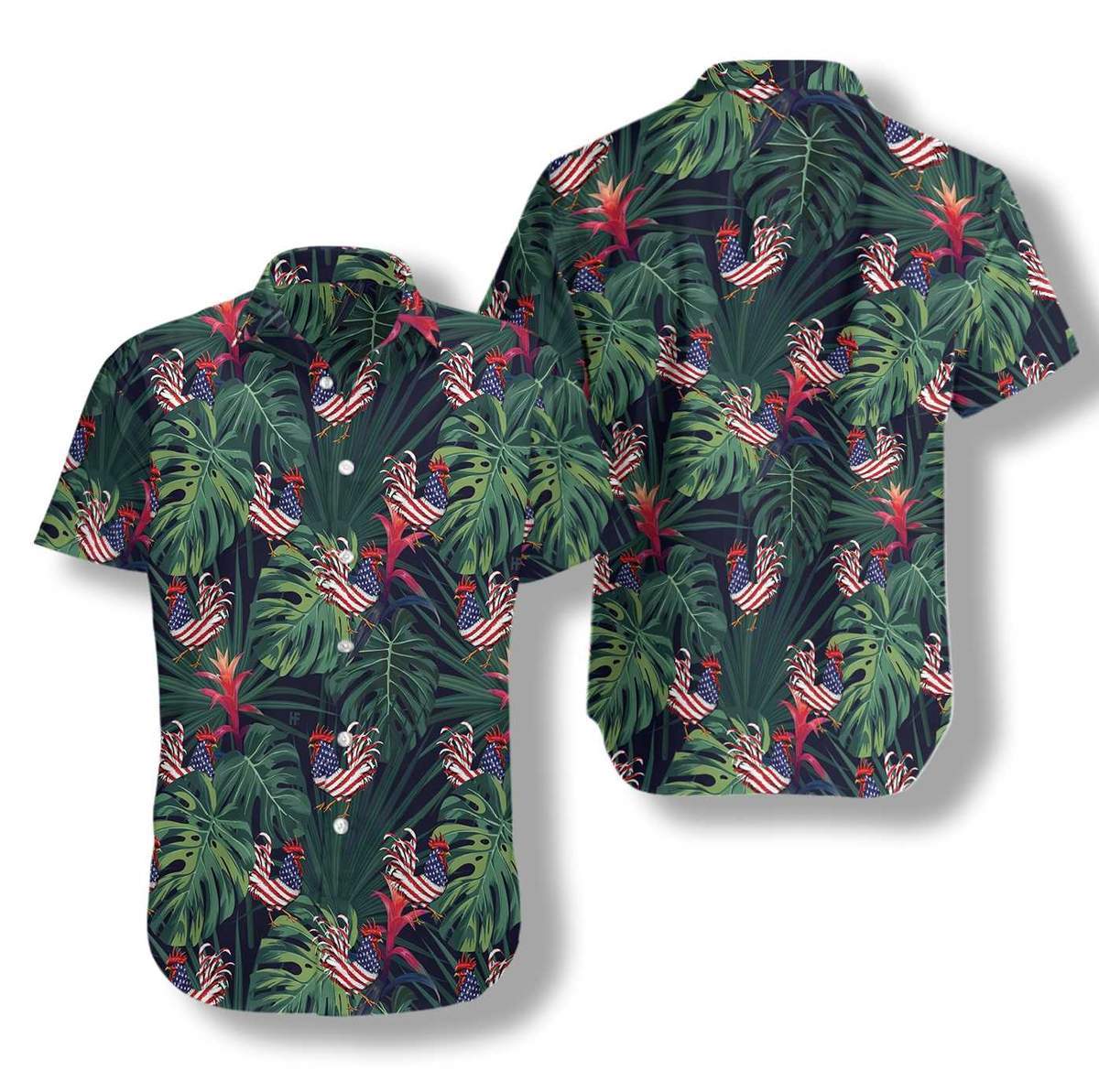 Hawaii Aloha Shirt Made In Chicken American Flag Tropical Ha60459