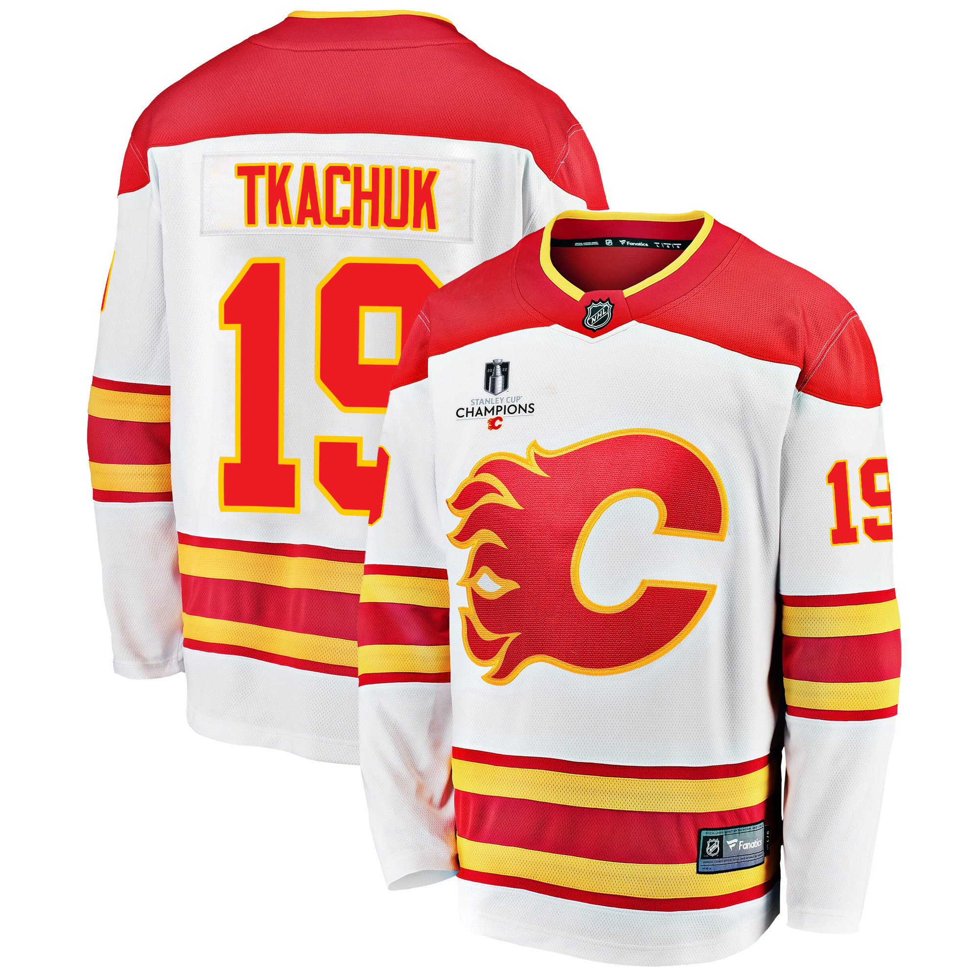 Calgary Flames Matthew Tkachuk 19 Away 2022 Stanley Cup Champions Breakaway Men Jersey – White