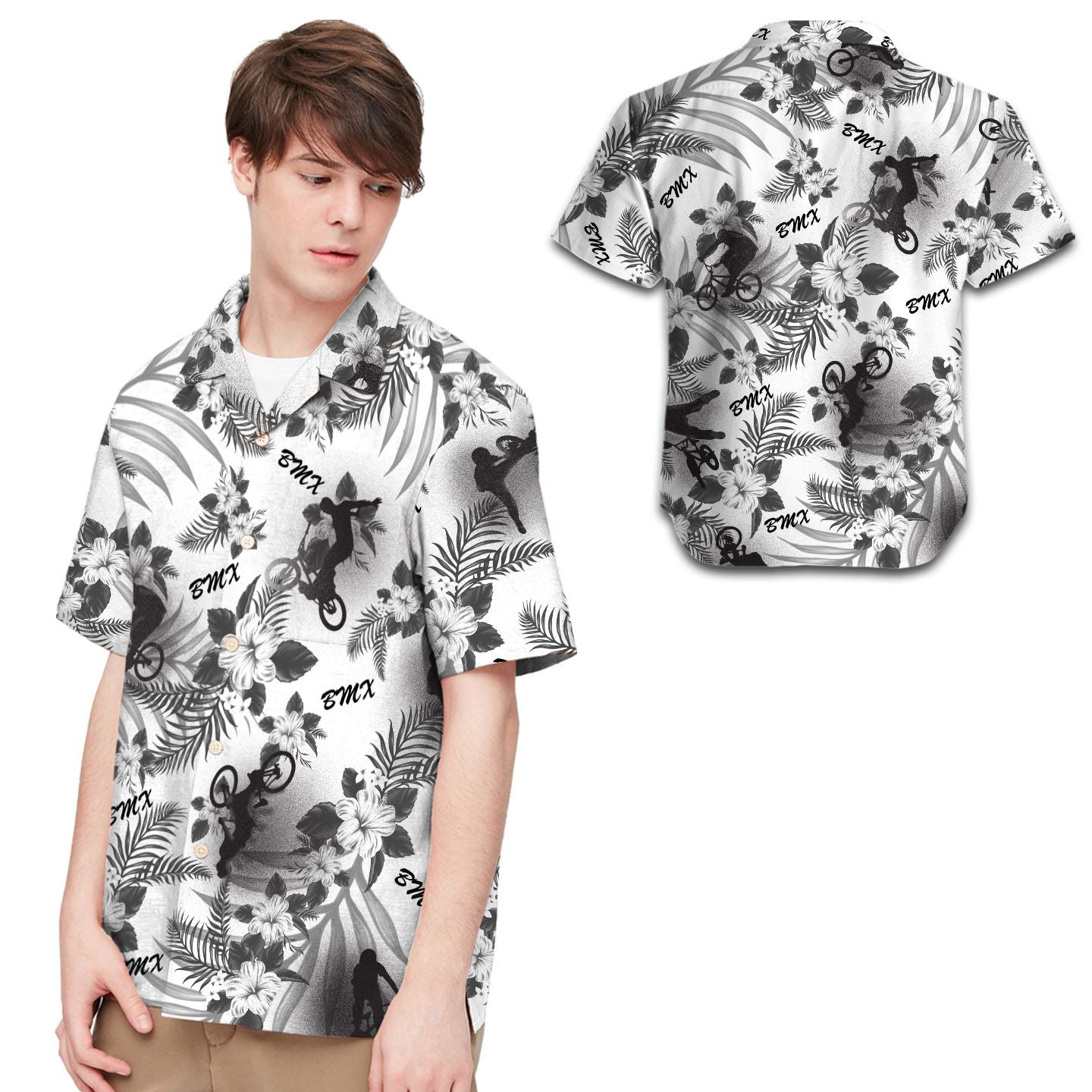 Bmx Black And White Tropical Flowers Men Hawaii Summer Beach Shirts Ha18322