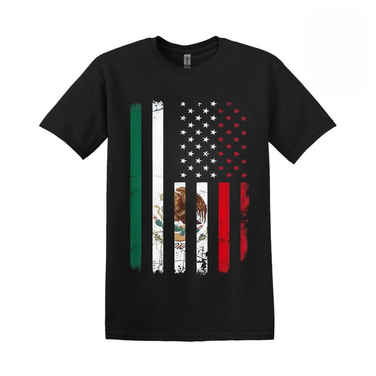 Mens Fashionable Crew Neck T-Shirt – Comfortable Fit, PatternedPrint MexicanAmerican Flag Tee Show Your Dual Pride, Crewneck Streetwear Black Top