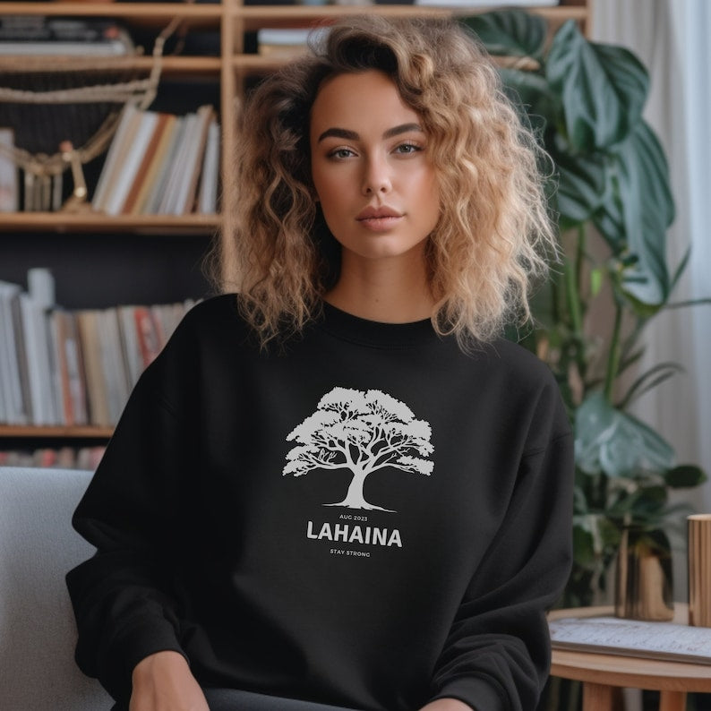 Lahaina Support Maui Sweatshirt Front Design Minimalist Design Shirt Lahain Historical Tree Sws2018