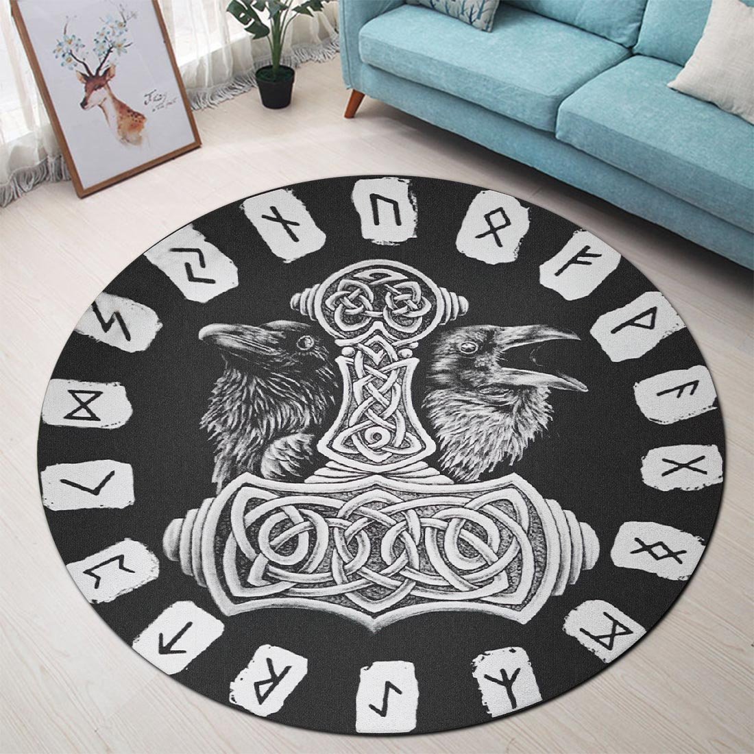 Viking Round Carpet – Hammer Raven And Rune Round Carpet All Over Print