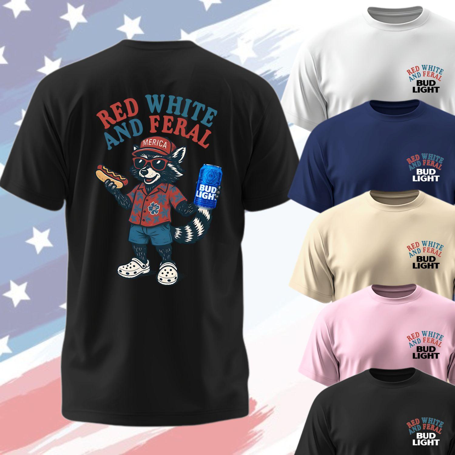 Red White and Feral 4th of July Women Graphic Tees Funny Raccoon with Bud Light Beer Patriotic Independence Day T-Shirt for Summer BBQ & Party Vibes